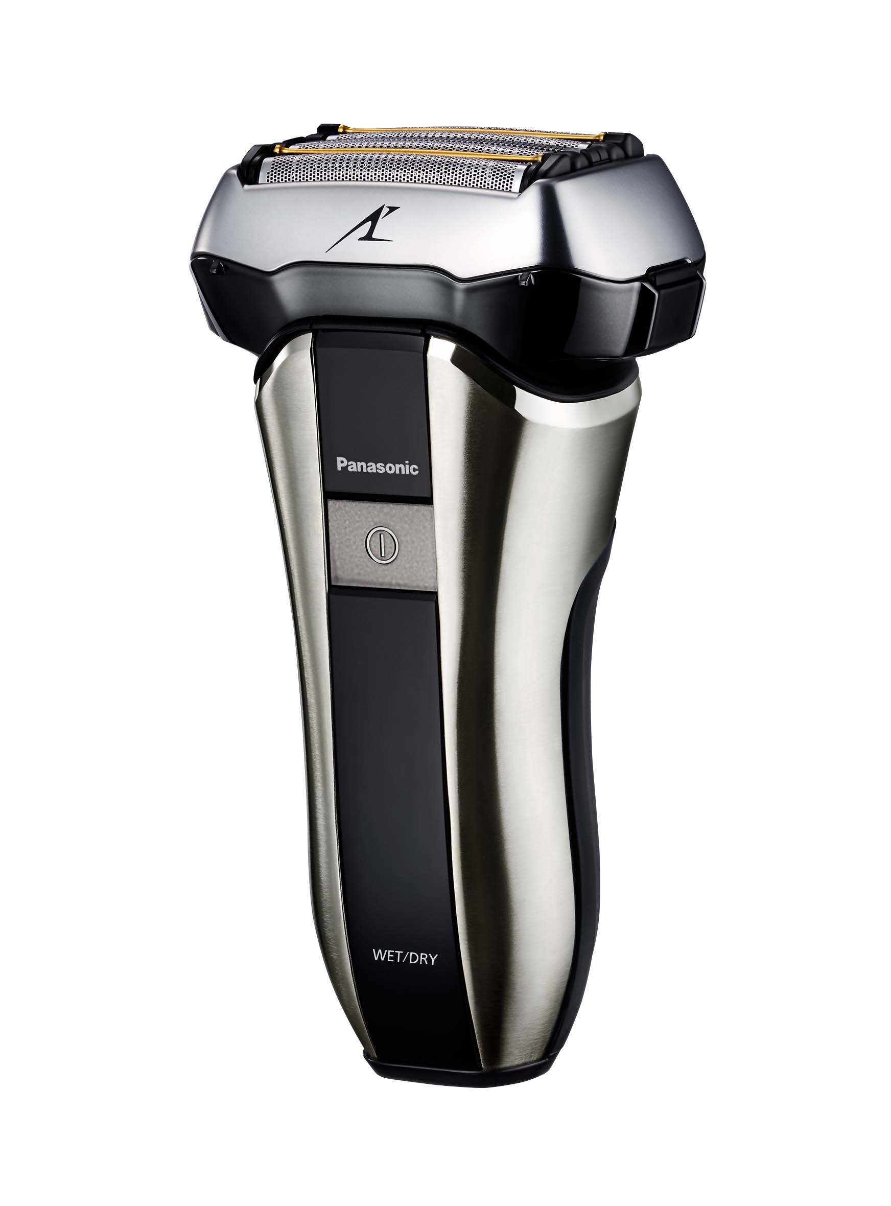 Elektrischer Rasierer von Panasonic, silber und schwarz, mit Markennamen und 'Wet/Dry'-Etikett.