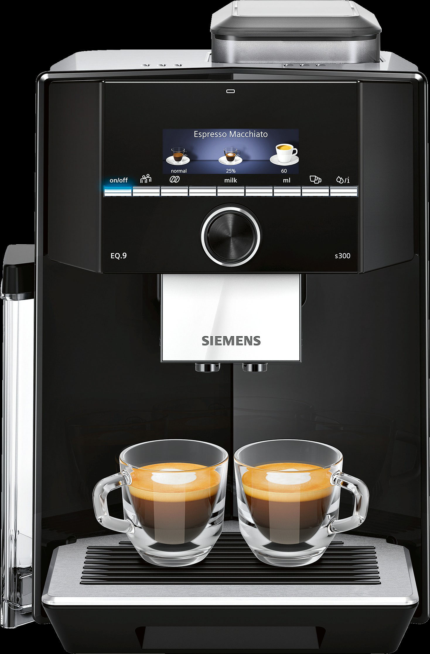 Eine schwarze Siemens Kaffeemaschine mit zwei mit Kaffee gefüllten Gläsern auf einer schwarzen Oberfläche.