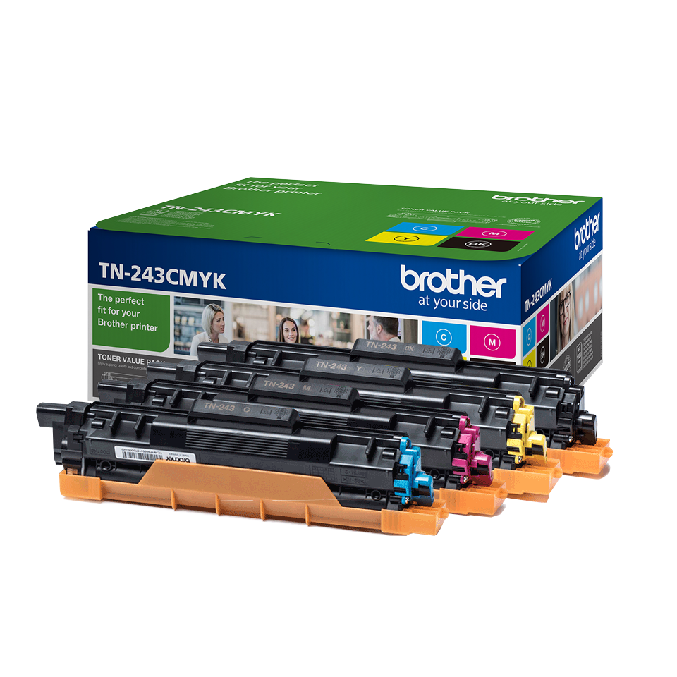 Quattro cartucce toner Brother in una scatola, etichettate TN-243CMYK. Le cartucce sono nero, ciano, magenta e giallo.