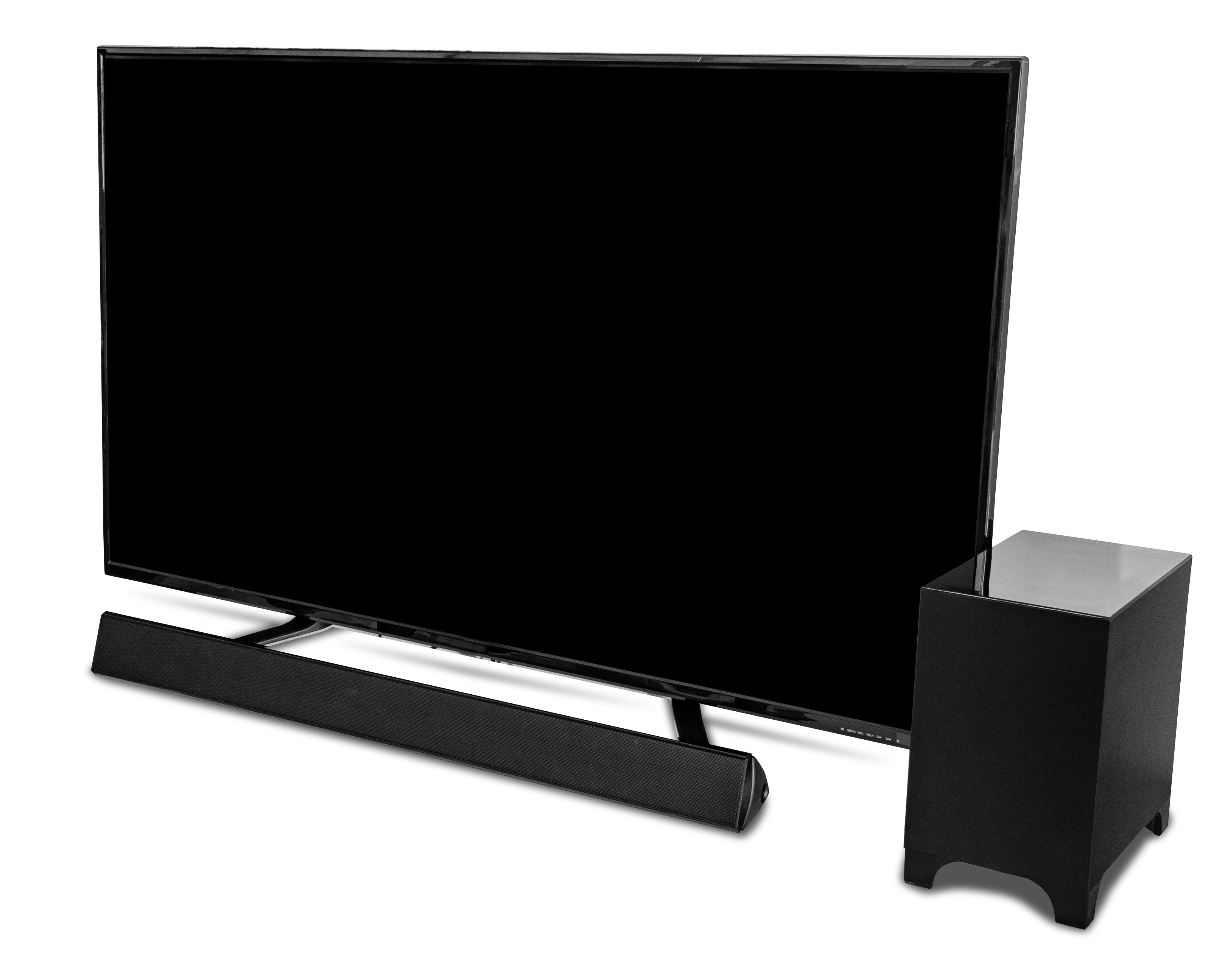Ein schwarzer Fernseher, eine Soundbar und ein Subwoofer auf weißem Hintergrund. Der Fernseher hat einen schwarzen Bildschirm.