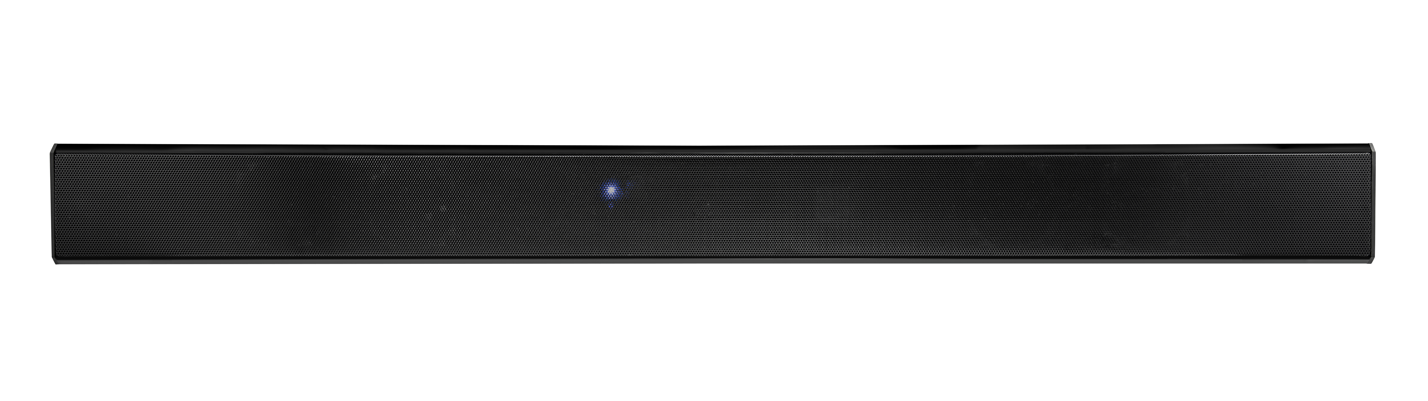 Schwarze Soundbar auf weißem Hintergrund mit blauem Licht.