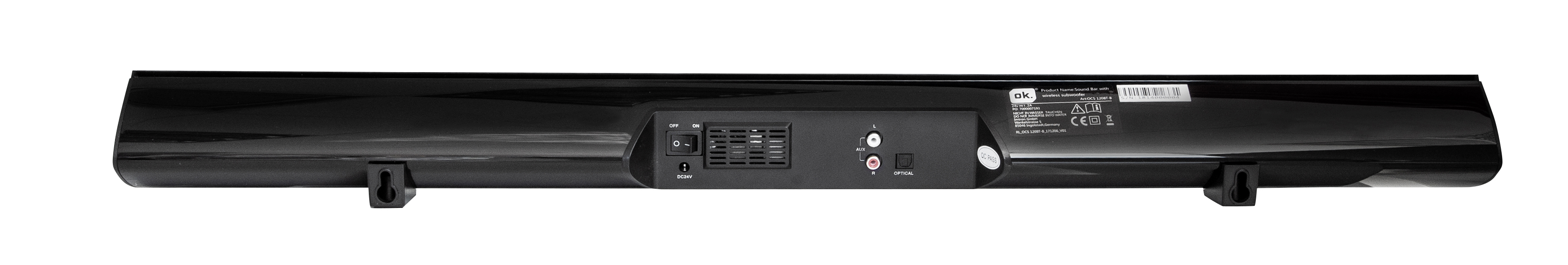 Rückansicht der schwarzen Soundbar. Verschiedene Anschlüsse sind sichtbar. Weißer Hintergrund.
