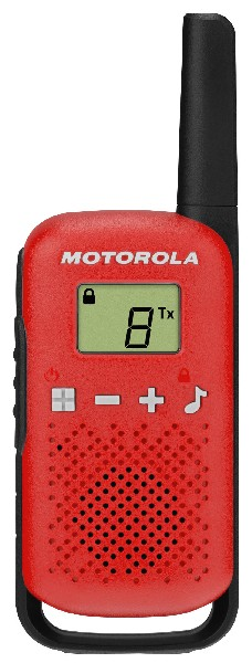 Piros walkie-talkie, '8'-at mutató képernyővel. Fekete antenna és hangszóró.