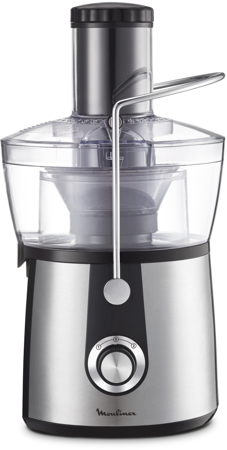 Moulinex juicer, silver and black, clear plastic. Knob with numbers. White background.