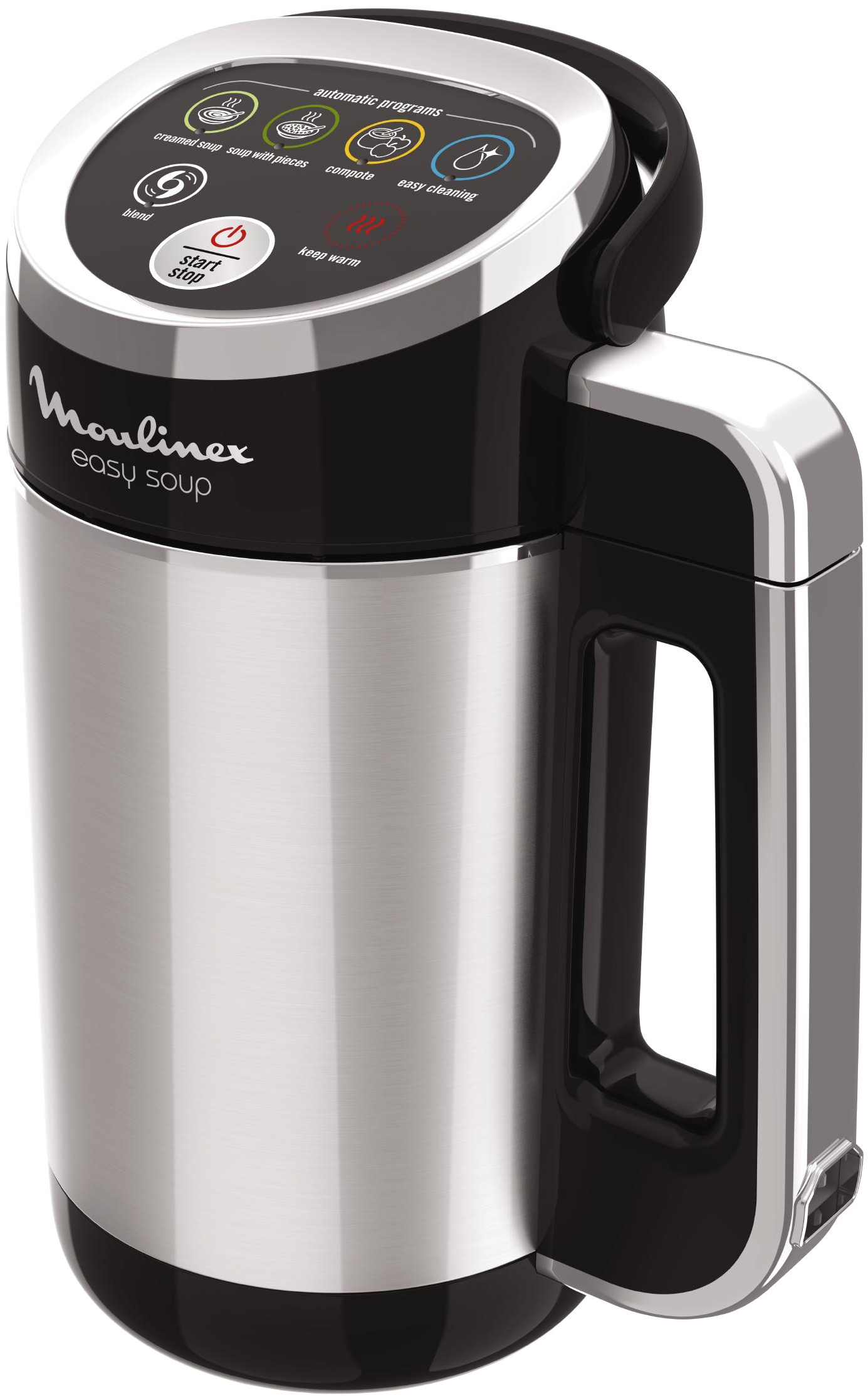 Een Moulinex Easy Soup machine. Het is een zilver en zwart apparaat met knoppen en een handvat.