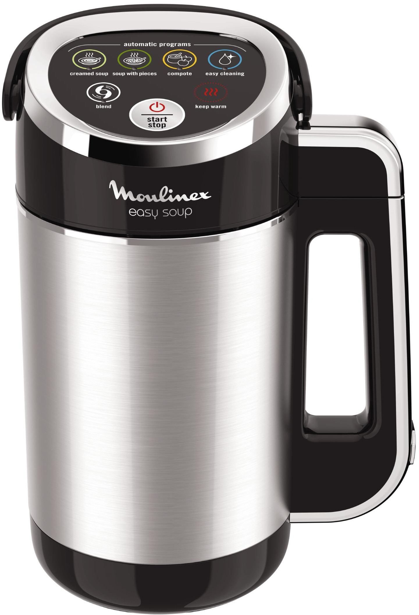 A Moulinex Easy Soup blender with multiple function buttons, stainless steel and black design.