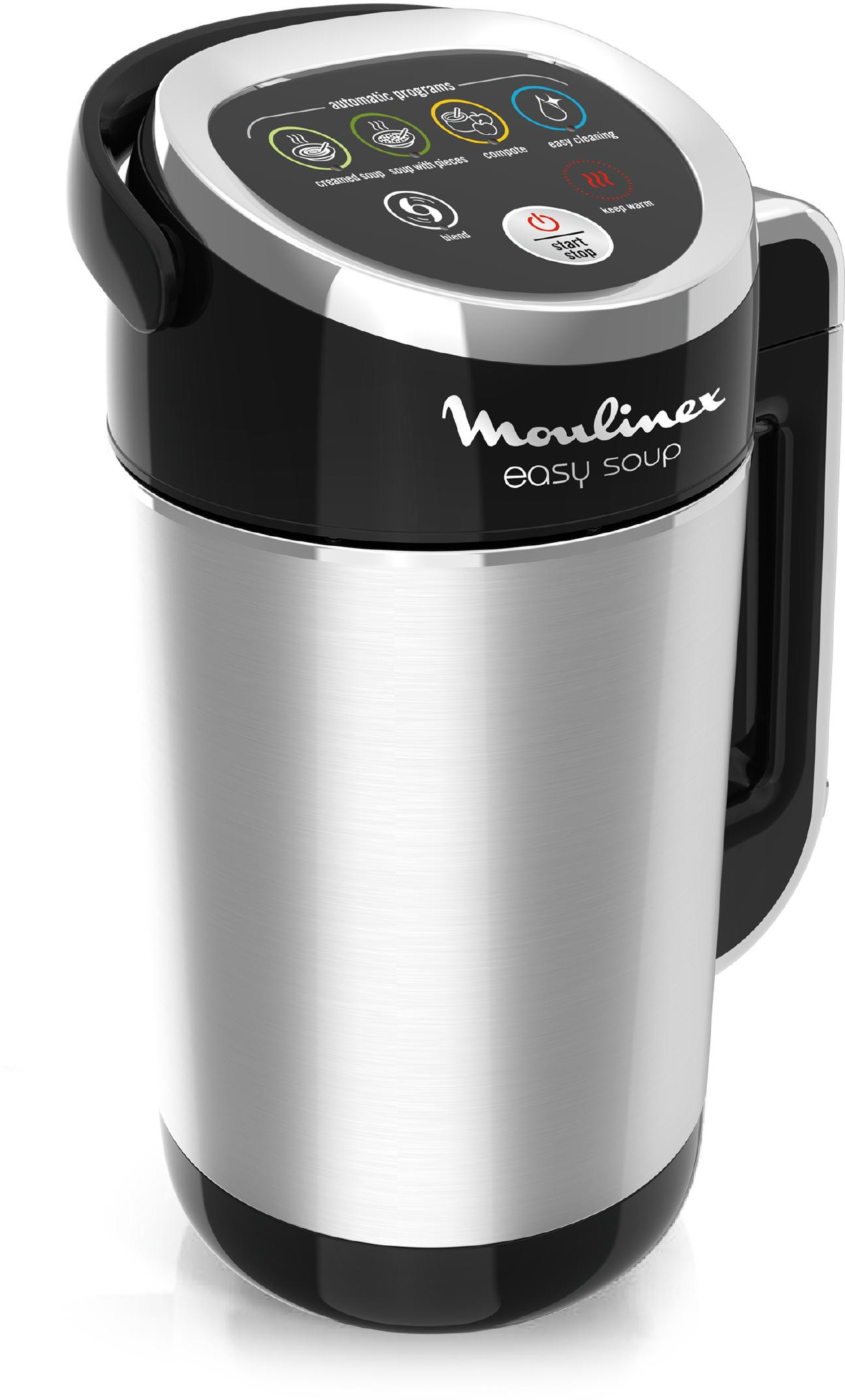 A stainless steel soup maker with a black top and handle.
