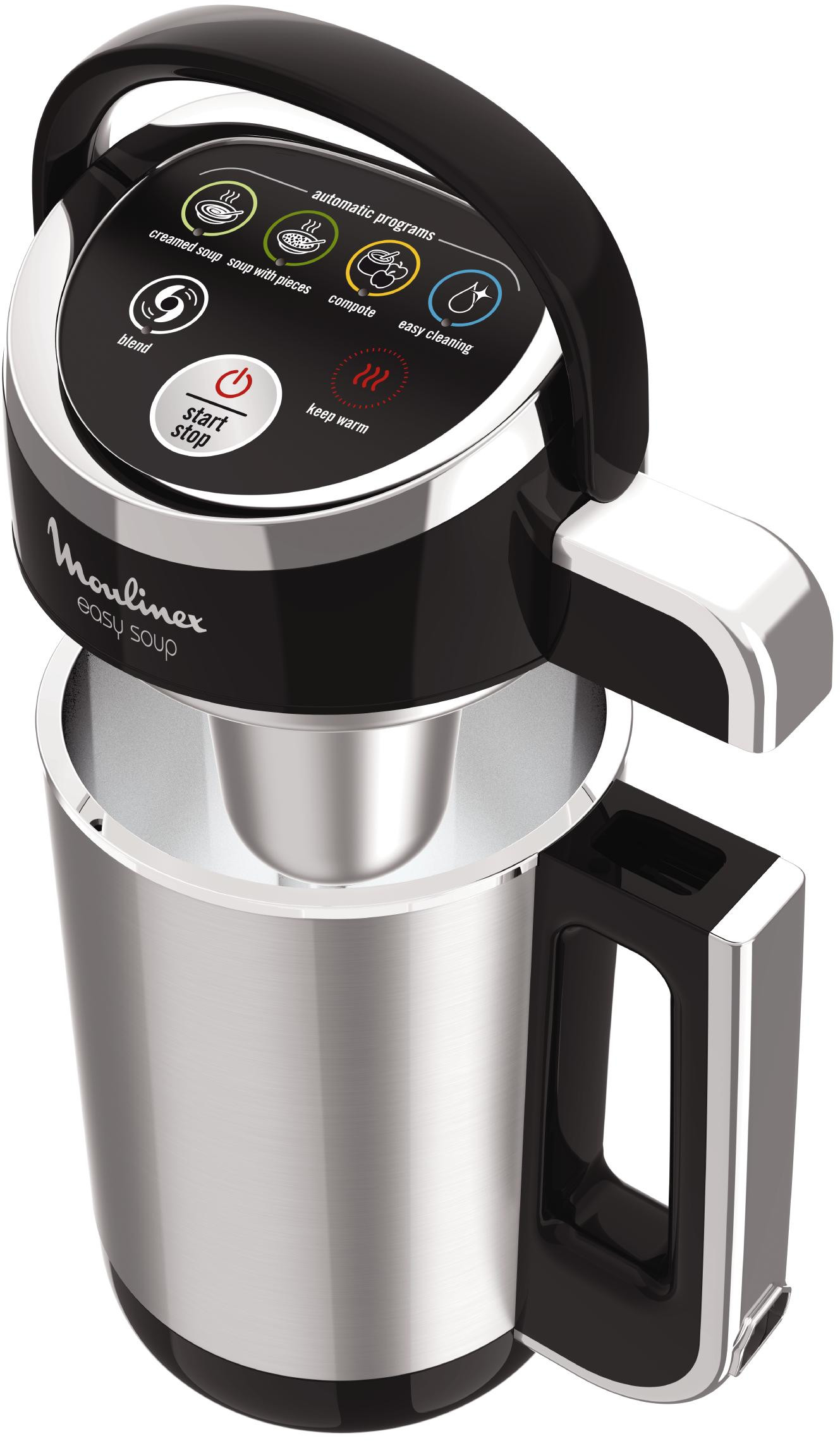 A black and silver Easy Soup maker with a digital control panel on top.