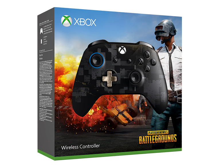 Xbox-Controller in einer Box mit PUBG-Thema, Soldat und Jeep.
