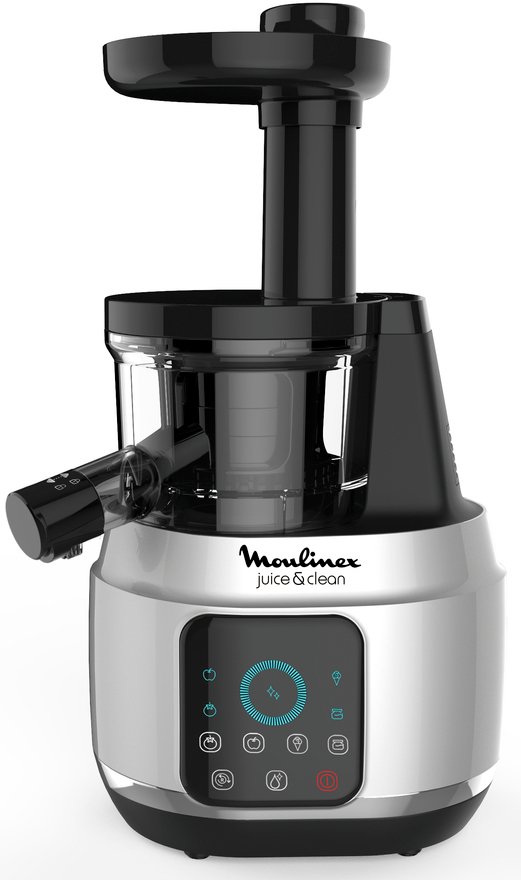 A silver and black Moulinex juice & clean juicer. It shows the product with a black top and a screen.