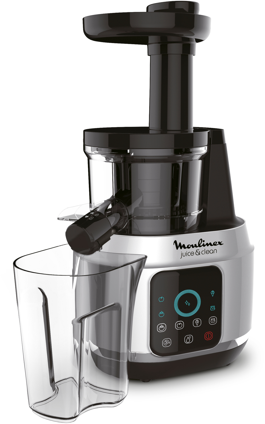 A Moulinex juicer with a white and silver body, black accents, and a clear juice jug.