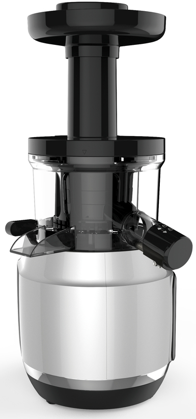 A silver and black juicer with transparent containers and a black top.