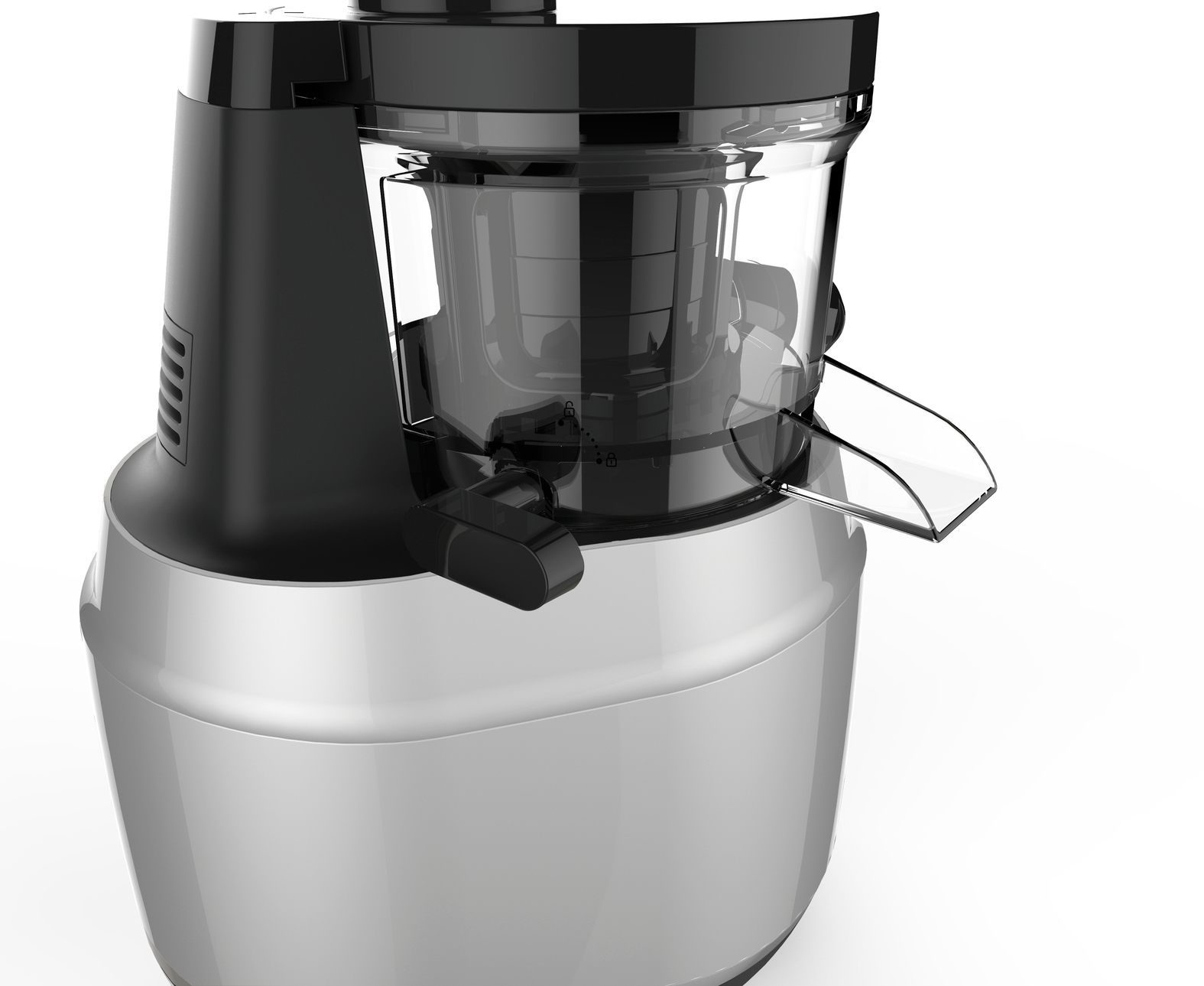 A silver and black juicer is angled to the right. The spout is clear, and the machine is on a white background.