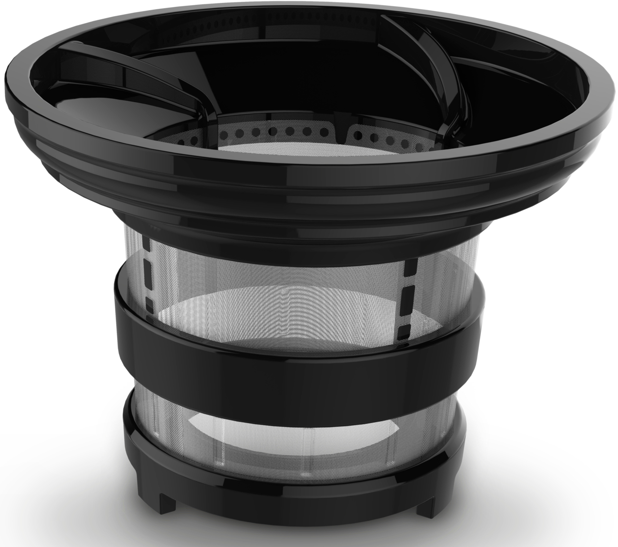 Black and transparent juicer parts assembled, top view, against white backdrop.