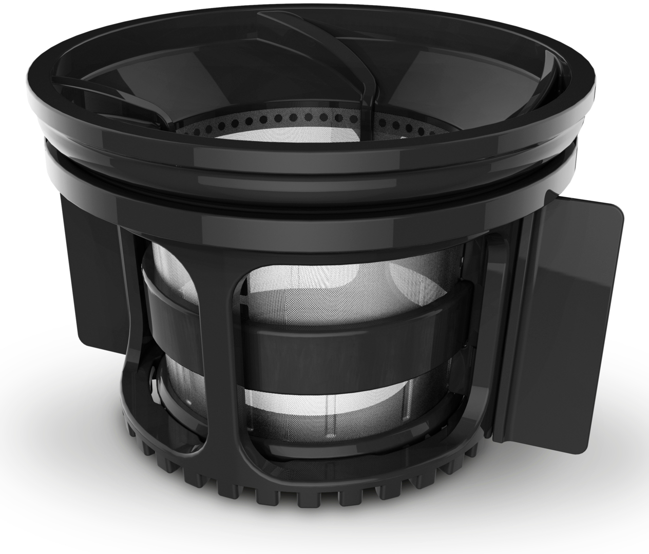 A black juicer part with a mesh filter and a black frame.