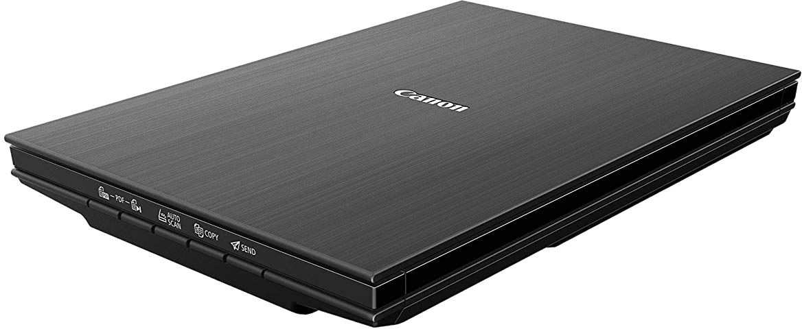 Scanner Canon noir. Dessus plat, boutons à gauche. Logo Canon en haut.