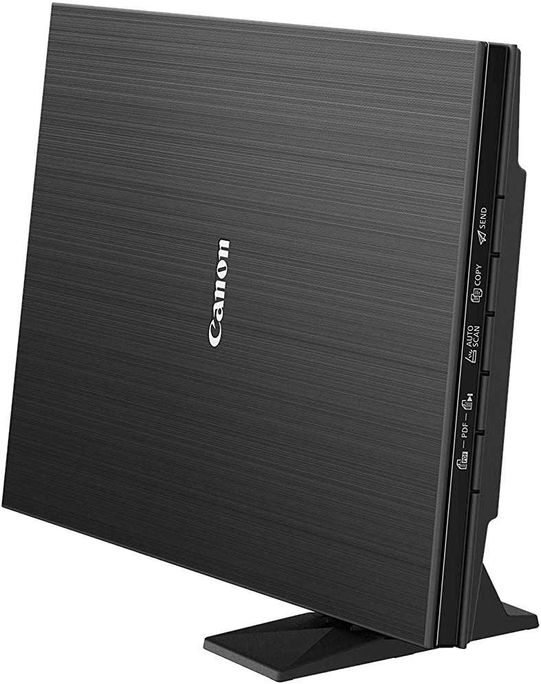 Scanner Canon noir sur un support. Le scanner possède des boutons de commande et un logo.