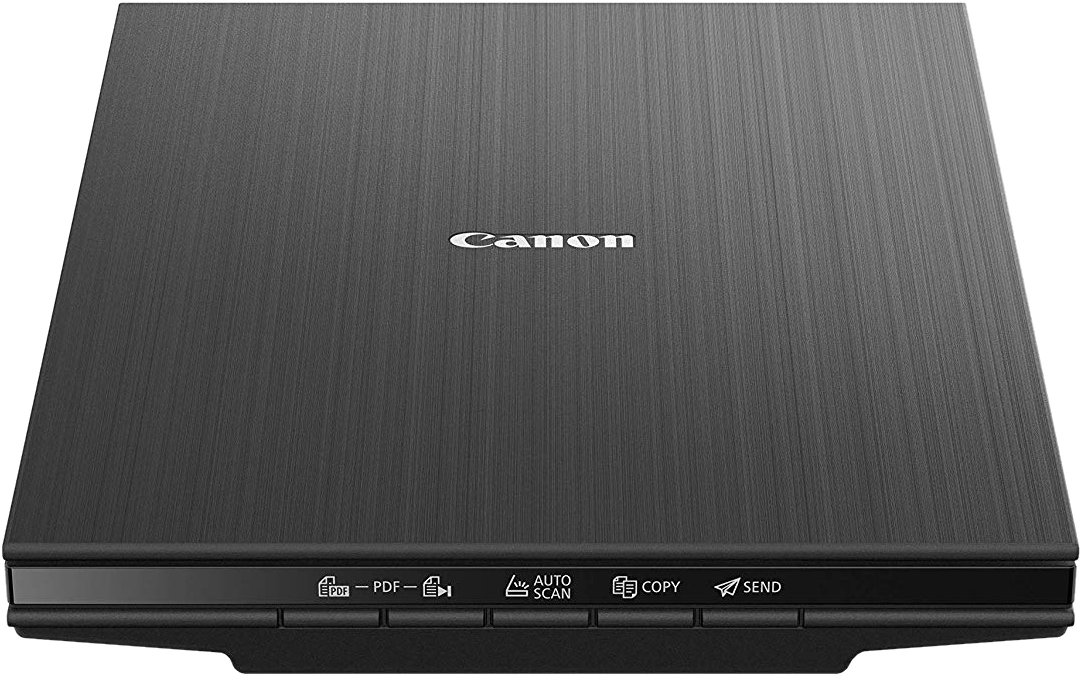 Scanner Canon, noir. Vue de dessus, nom de la marque visible. Boutons pour PDF, Auto Scan, Copier et Envoyer.
