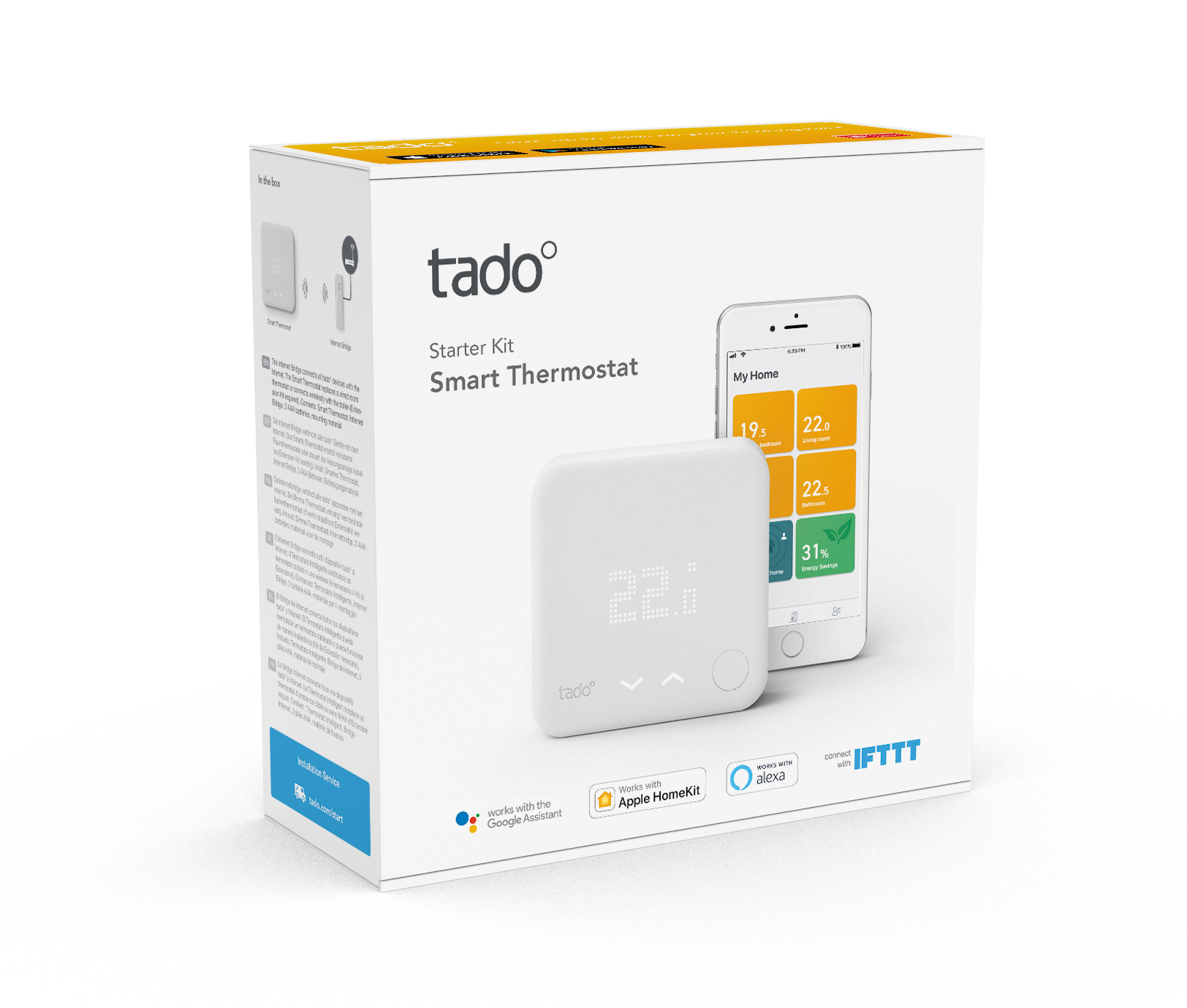 Tado Smart Thermostat startkit doos. Witte doos met een thermostaat en een telefoon.