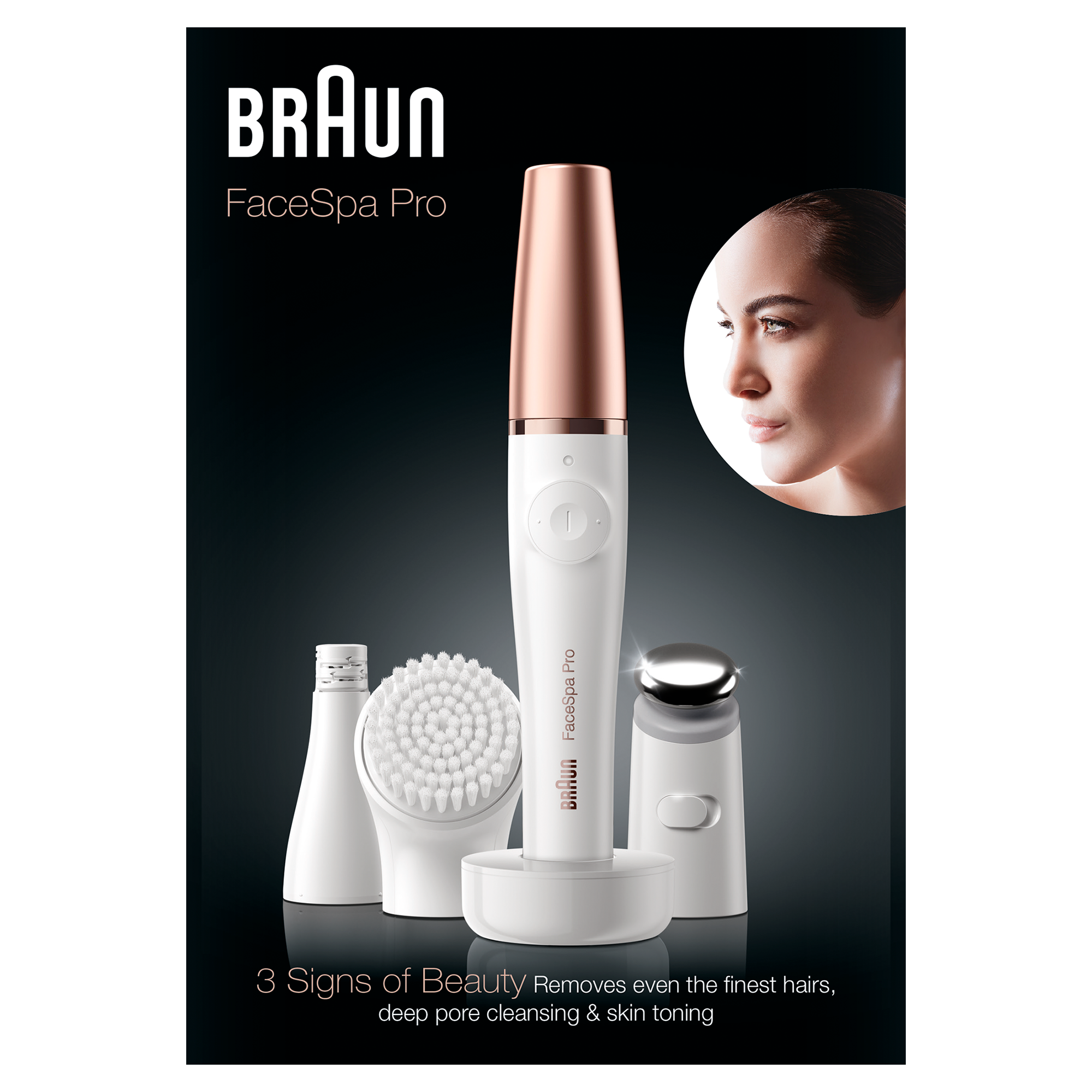 Braun FaceSpa Pro reklamı. Aksesuarlı beyaz cihaz. Bir kadının yüzü bir daire içinde, siyah arka plan.