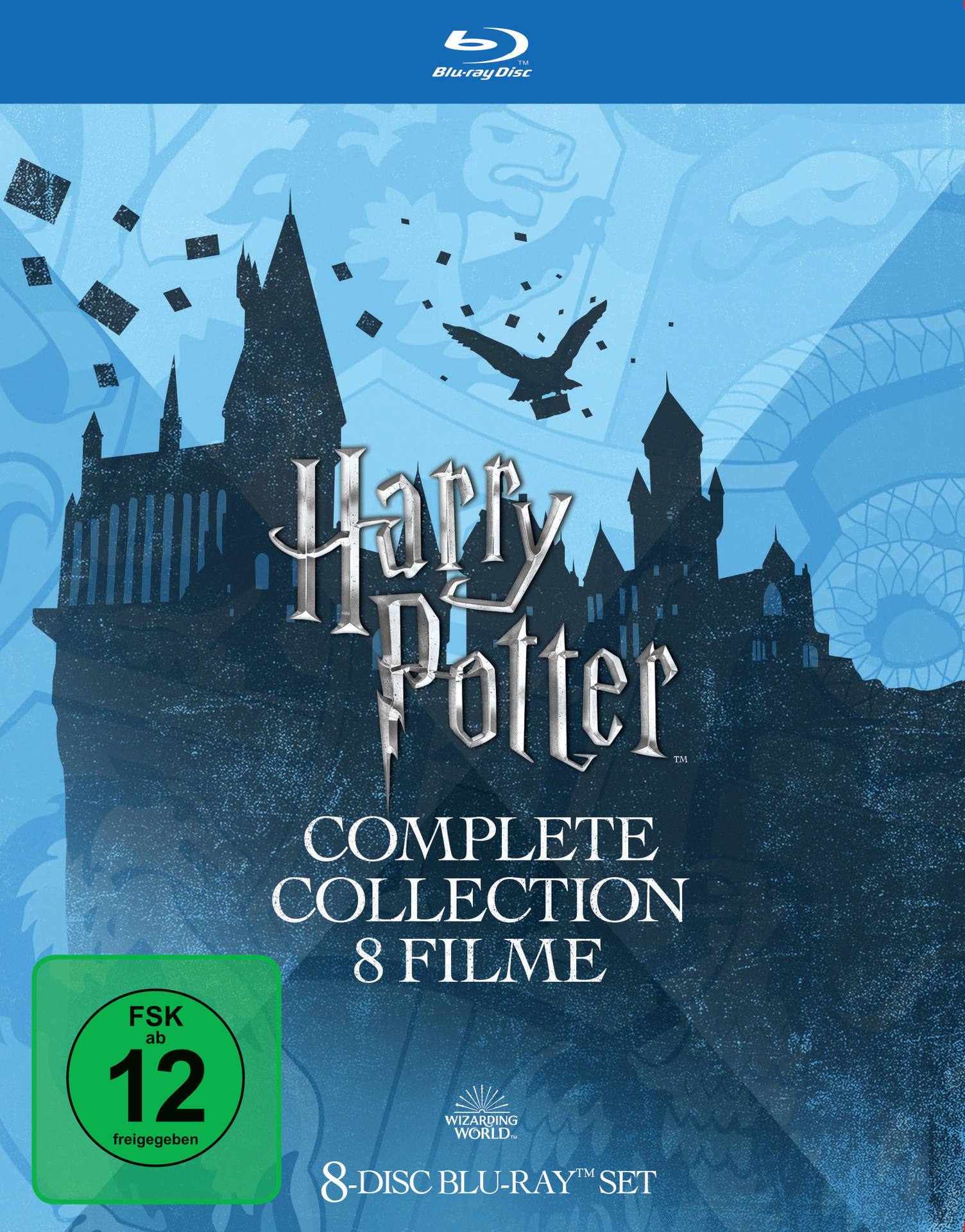 Harry Potter Blu-ray Box-Set. Enthält 8 Filme, mit dunklem Silhouette-Schloss-Hintergrund.