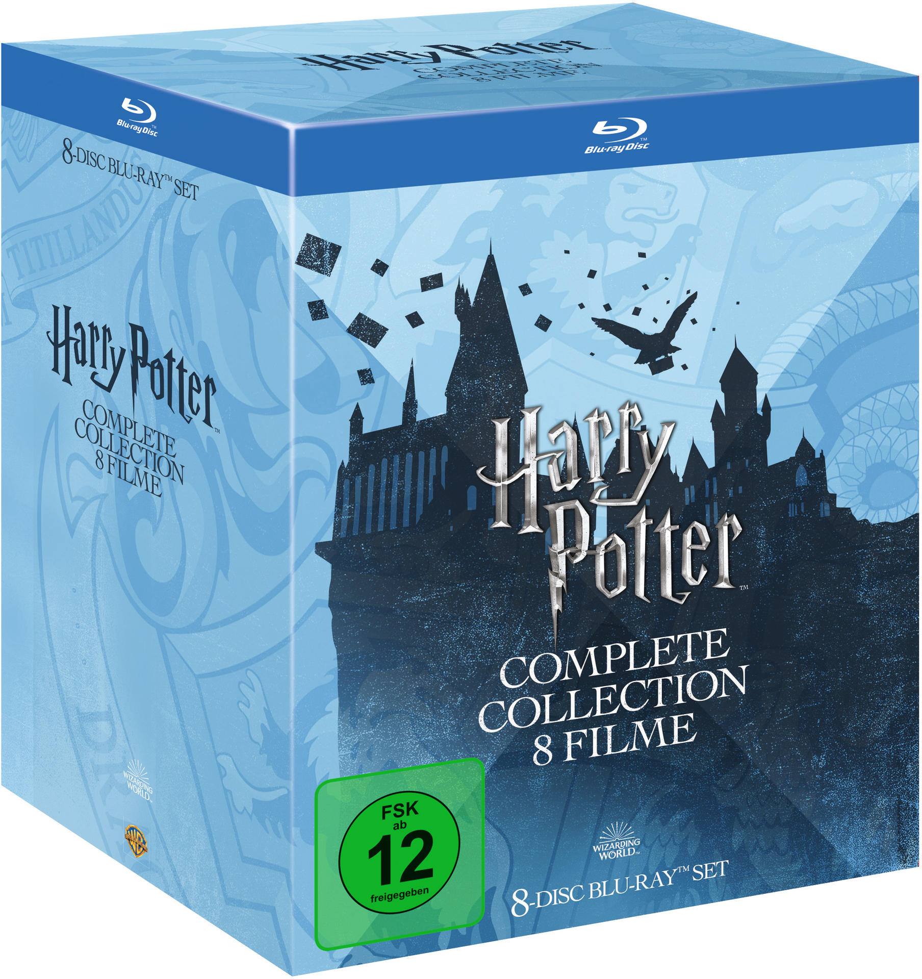 Harry Potter Box-Set mit 8 Filmen, blaues und weißes Farbschema.