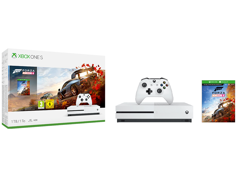 Xbox One S Konsole, weißer Controller und Forza Horizon 4 Spielbox.