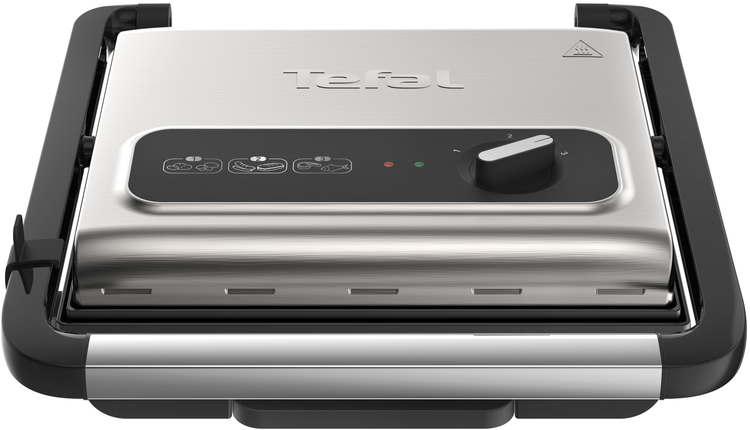 Un grill Tefal avec un bouton de contrôle, surface métallique et poignée noire.