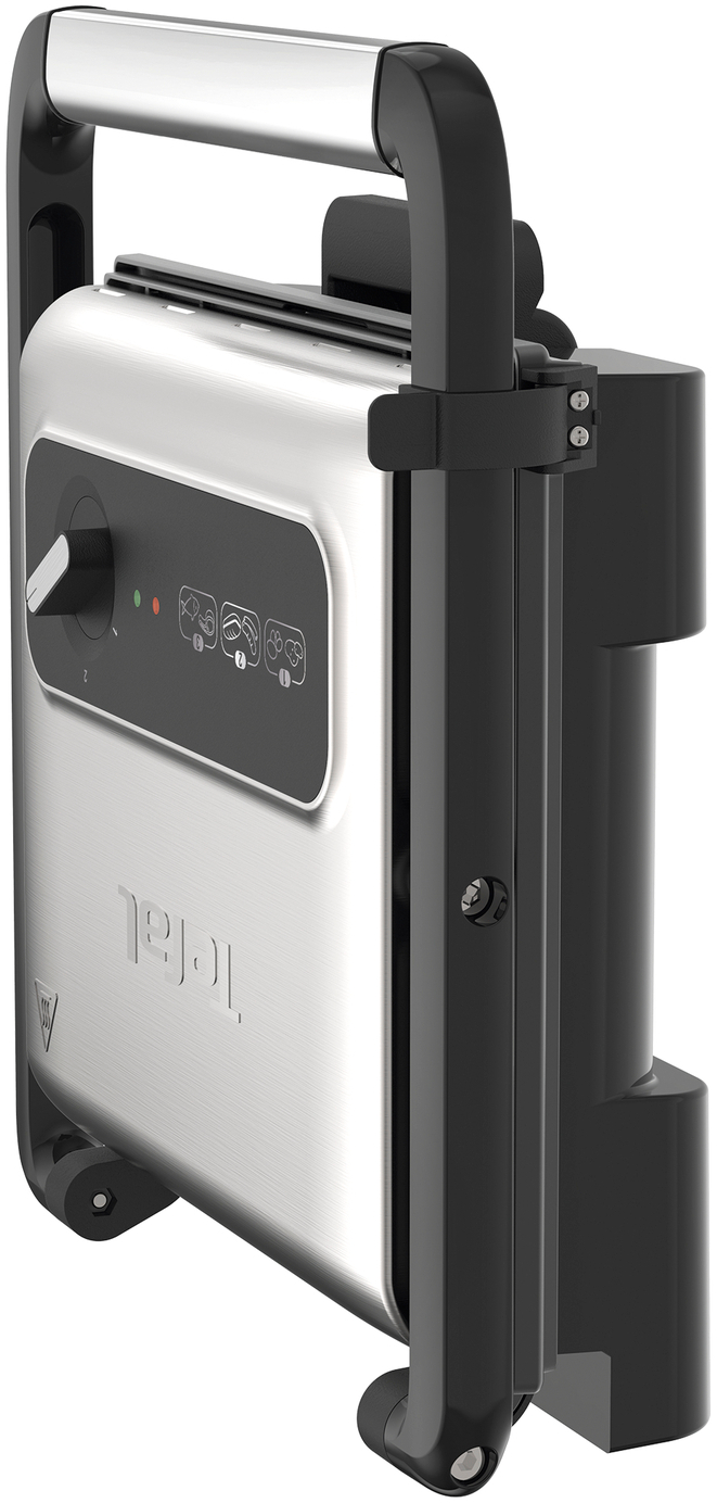 Un grill Tefal argenté avec une poignée et un panneau de commande noirs. Il est partiellement ouvert.