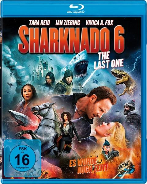 Sharknado 6 Blu-ray Cover. Haie und Menschen am Himmel. Eine Frau reitet auf einem Pferd.