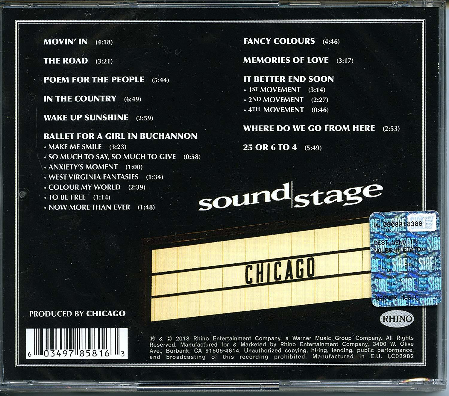 Rückseite eines 'Chicago'-Albums. Listet Songs, Credits und einen Aufkleber auf. Enthält die Titelliste.