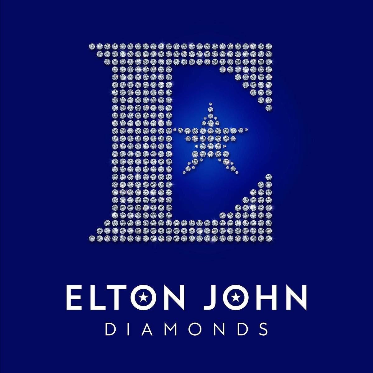 Elton John Diamonds Albumcover. Großer Diamantbuchstabe E mit Stern und Worte darunter.