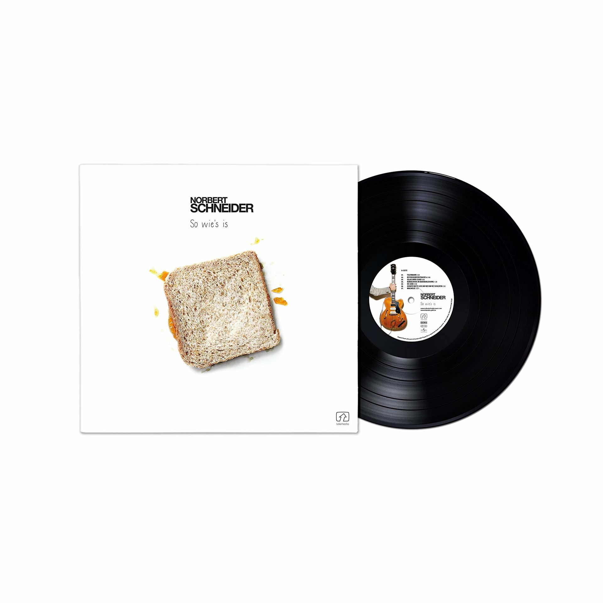 Albumcover mit Toastbrot mit Marmelade. Schallplatte rechts. Weißer Hintergrund.