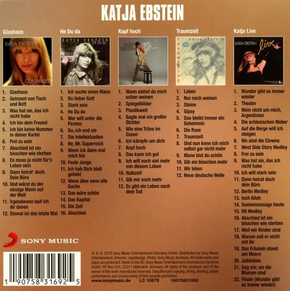 Albumcover mit Katja Ebstein, Text und einer Liste von Titeln auf Deutsch.