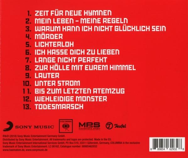 Rotes und weißes Albumcover mit deutschen Songtiteln und Text.