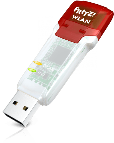 Clé USB Fritz!WLAN. Blanc et rouge avec port USB. Voyants verts et jaunes.