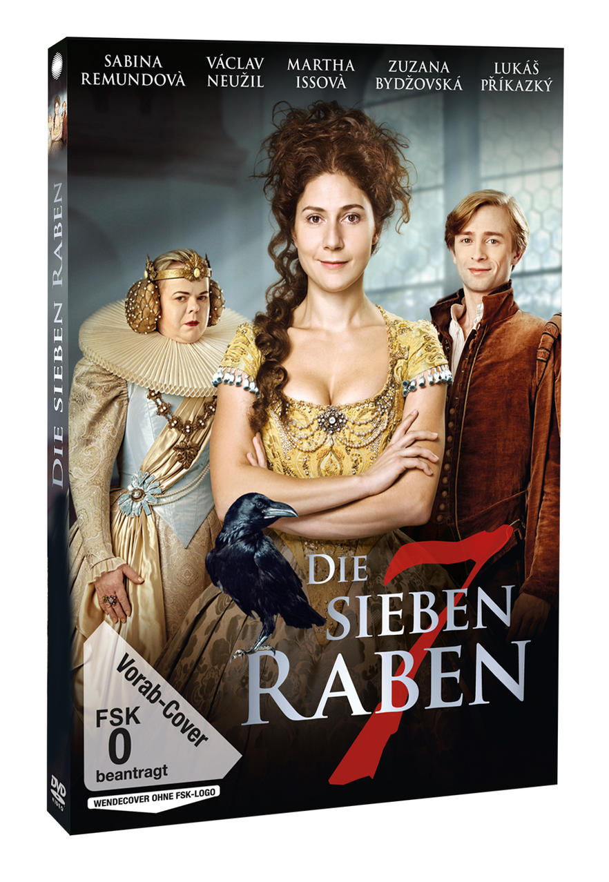 DVD-Hülle mit Frau und zwei Personen, Titel 'Die Sieben Raben' und deutschem Text.