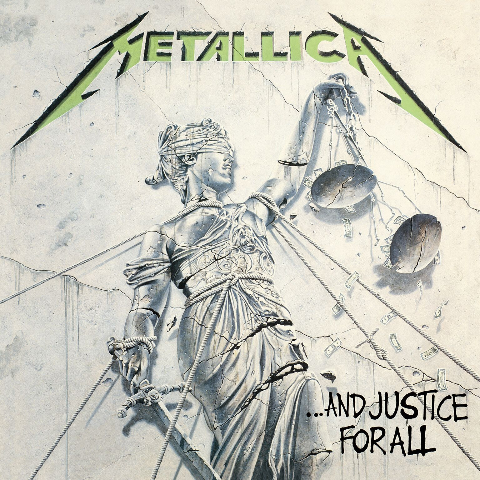 Metallica-Albumcover '...And Justice For All'. Justitia-Statue, zerbrochene Ketten, Geld.