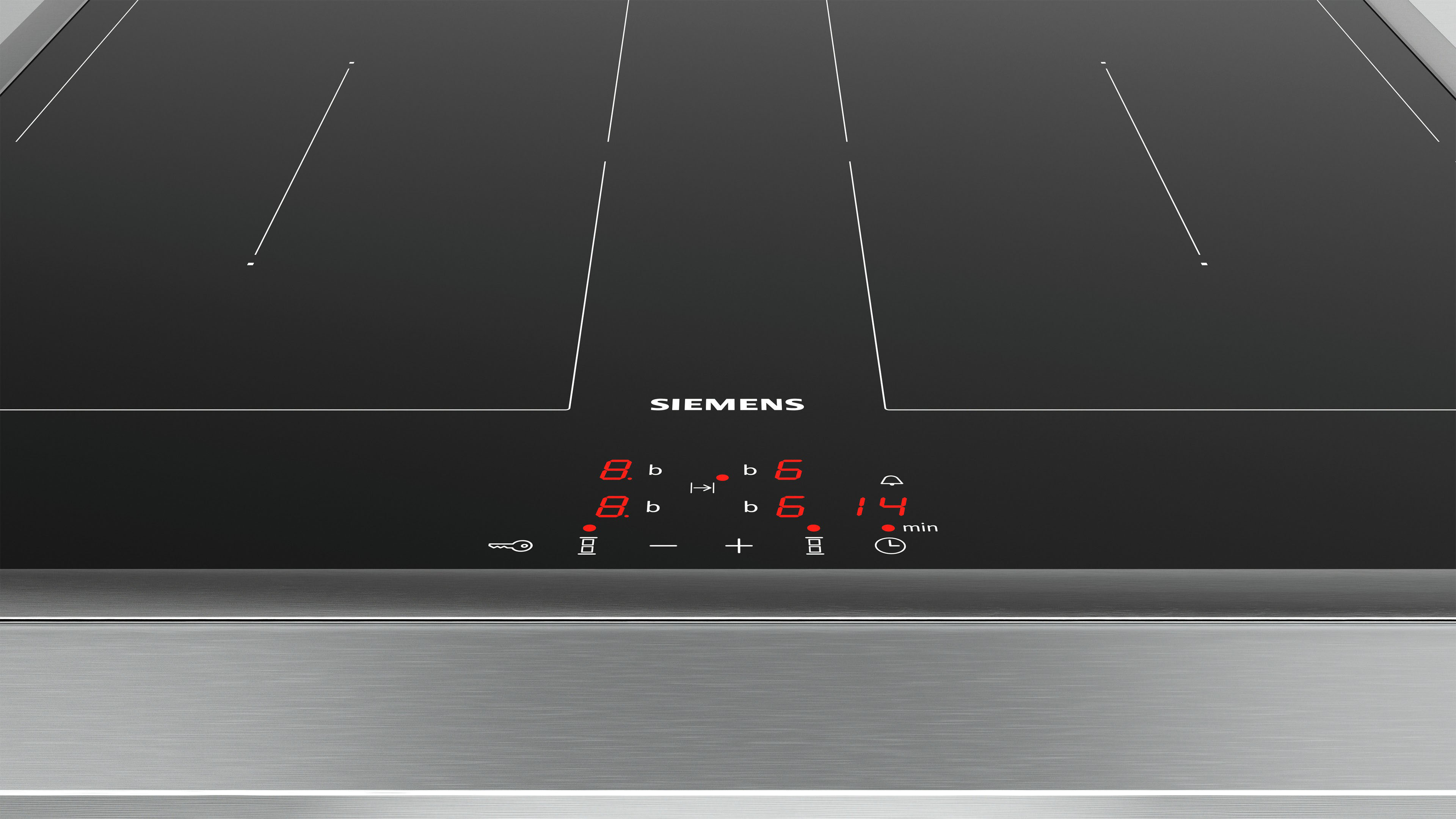 Schwarzes Induktionskochfeld mit roten Digitalanzeigen und Siemens-Logo.
