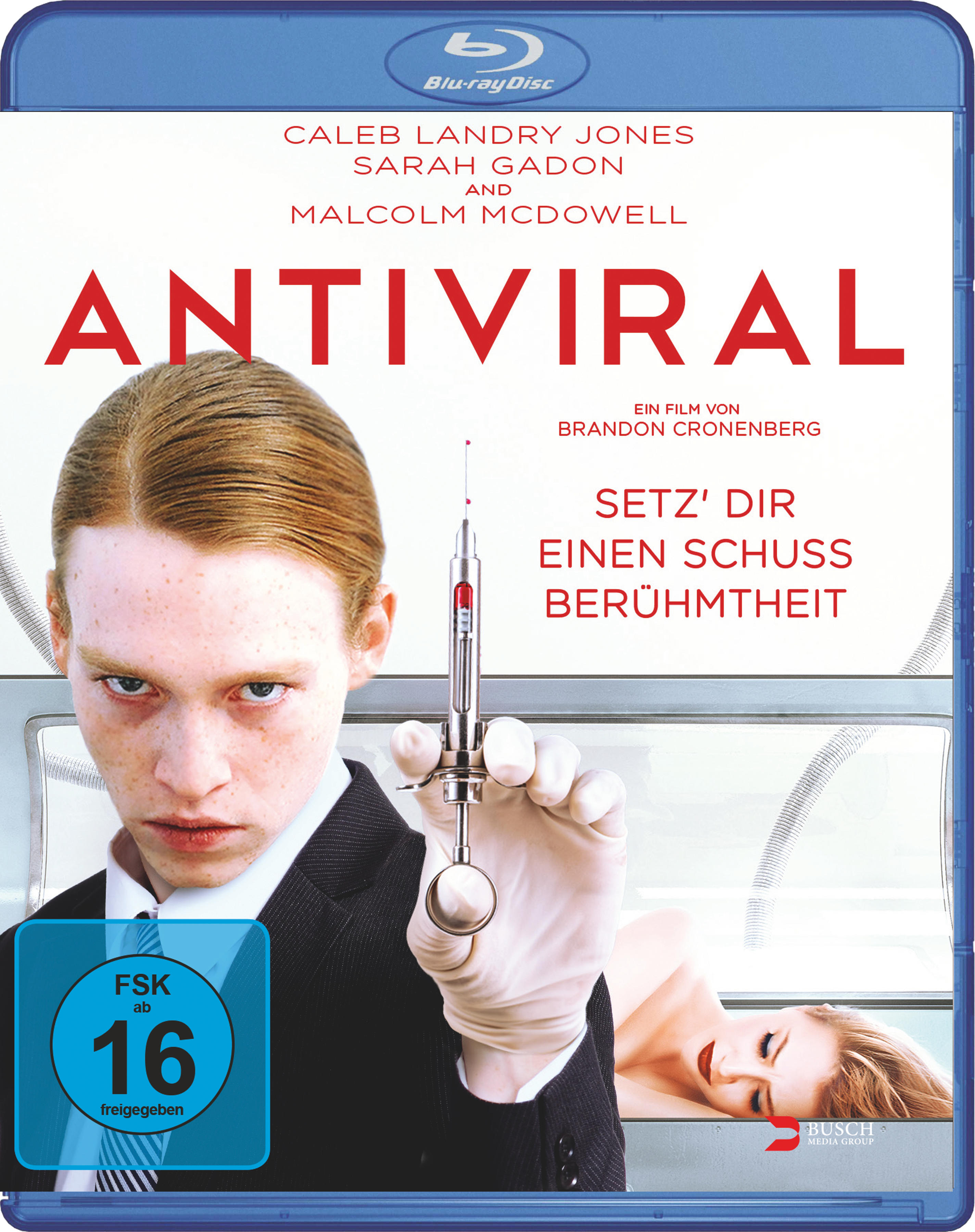 Blu-ray-Cover für den Film 'Antiviral', das einen Mann mit Spritze und eine Frau zeigt.