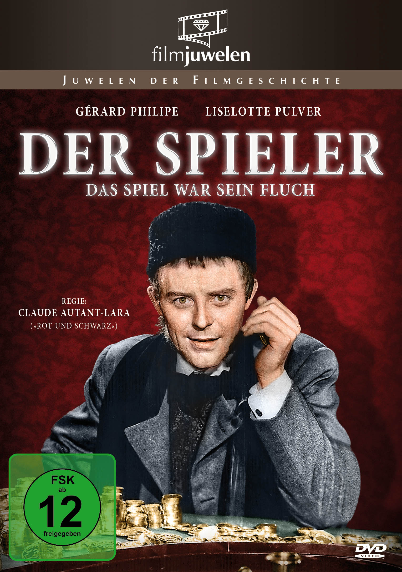 Filmcover. Mann mit schwarzem Hut am Tisch. Titel: Der Spieler. Deutscher Text, 