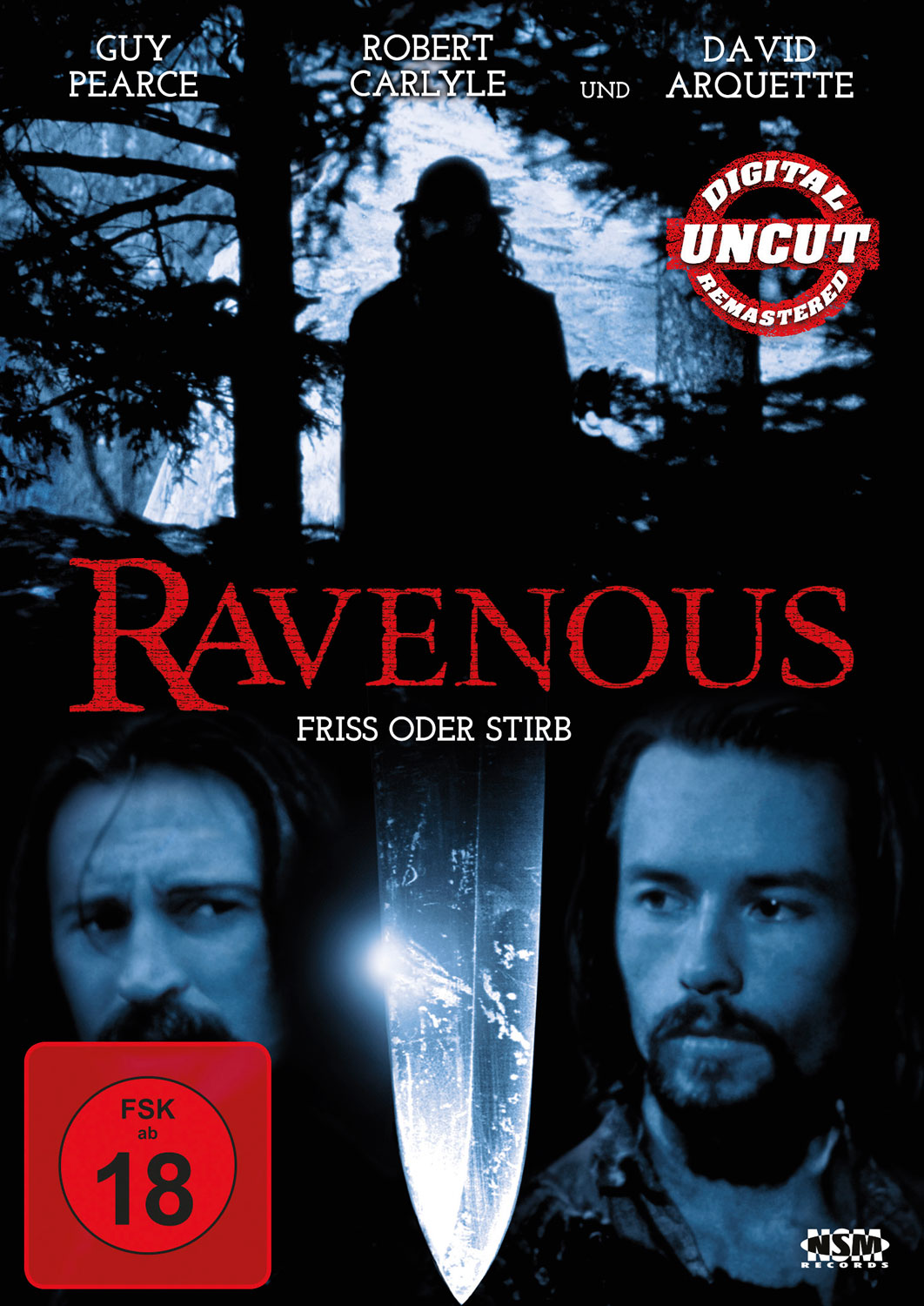 DVD-Cover von 'Ravenous'. Gesichter zweier Männer, ein Messer und eine dunkle Gestalt im Hintergrund.