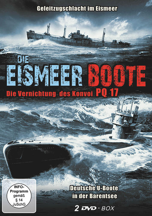 Filmcover: Schiffe auf stürmischer See. Titel: Die Eismeer Boote. U-Boot und Schiff in rauer See.