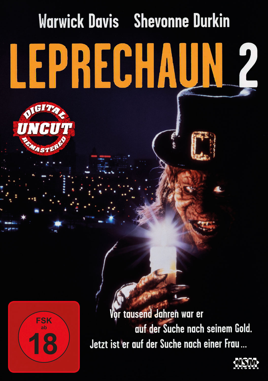 Filmposter. Leprechaun hält eine Kerze, mit dunklem Hintergrund und Filmtitel.