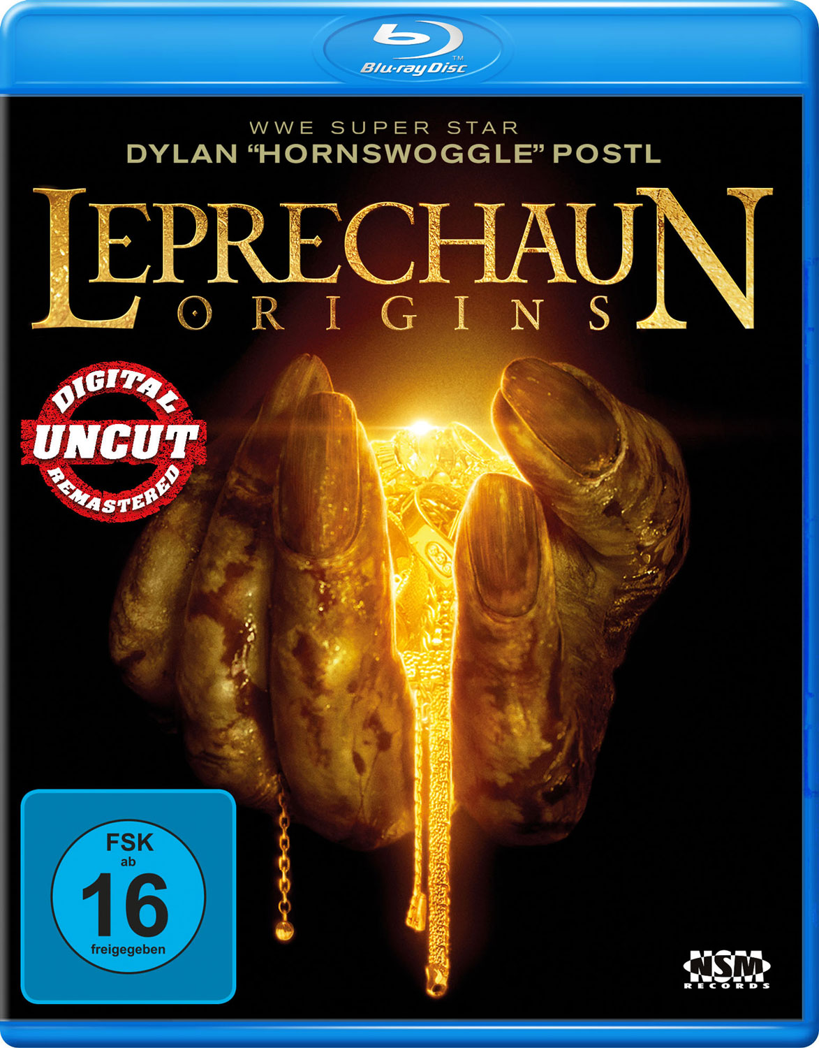 Blu-ray-Cover mit einer golden bedeckten Hand und blauem Hintergrund. Text oben.