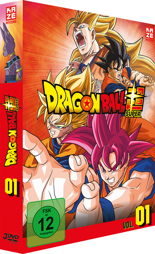 DVD-Cover für Dragon Ball Super. Mehrere Charaktere sind abgebildet, mit einem roten und gelben Farbschema.