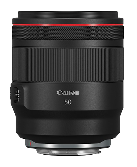 Ein schwarzes Canon 50 mm Kameraobjektiv mit rotem Ring, auf schwarzem Hintergrund.