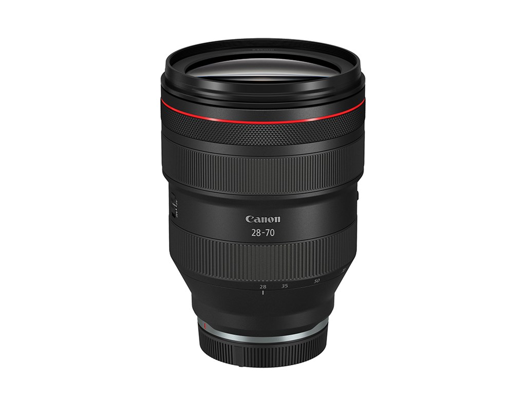 Canon 28-70mm Kameraobjektiv, schwarz mit rotem Ring, auf weißem Hintergrund.