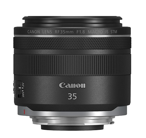 Canon 35mm Objektiv. Schwarz mit Canon-Branding. Fokus- und Blenden-Einstellungen sichtbar.