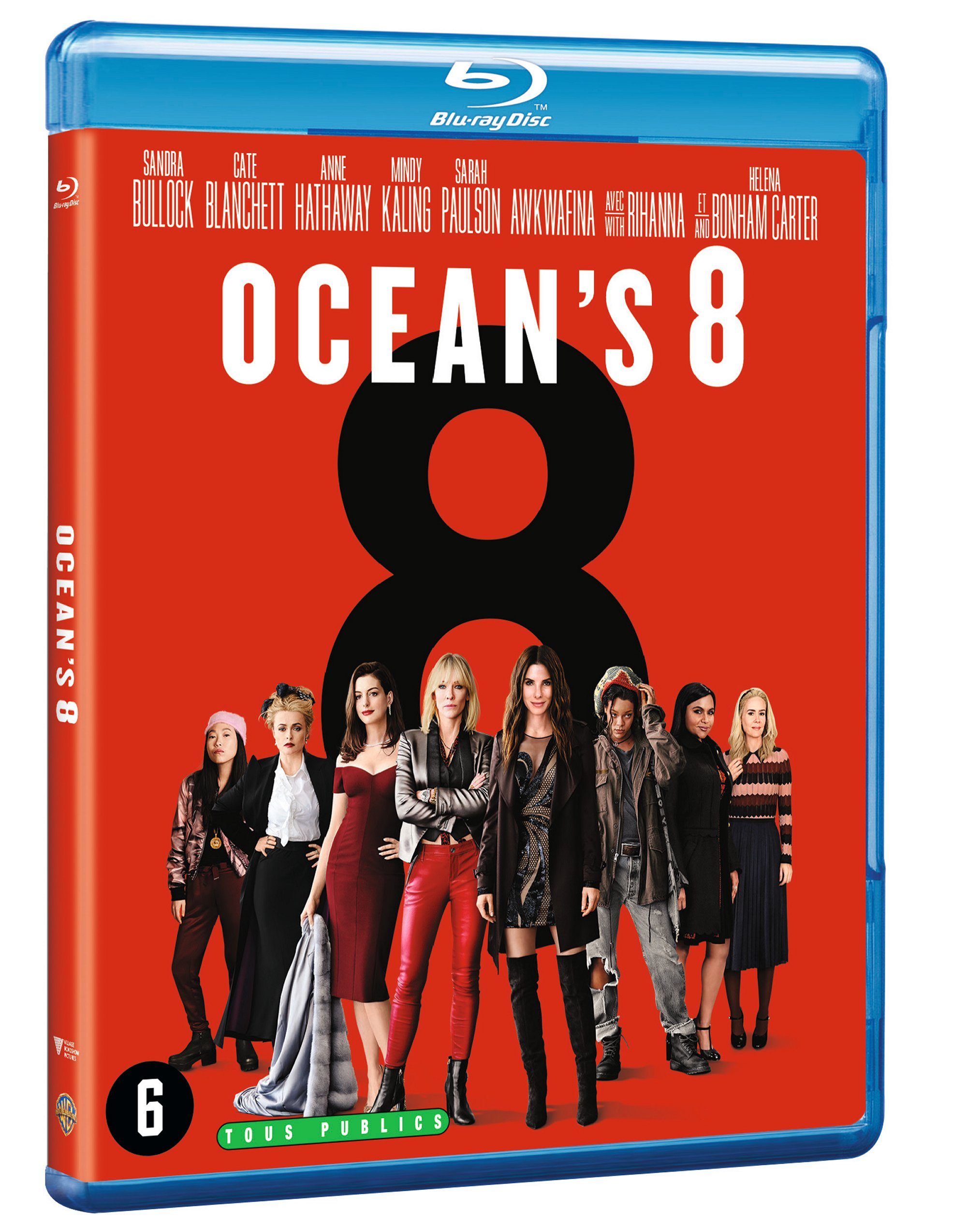 Couverture du disque Blu-ray d'Ocean's 8 avec la distribution, sur fond rouge et dans un boîtier bleu.